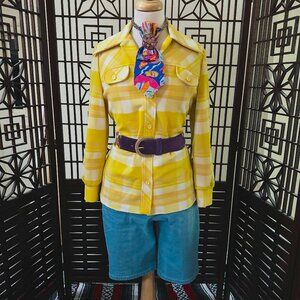 60s 70s Fem-e-nits Yellow Plaid Poly Long Sleeve Dagger Collar Jacket Top Sz 14